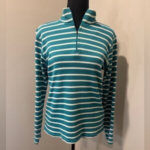 L.L. Bean Teal and White Striped Henley Normcore Coastal Casual Womens Medium